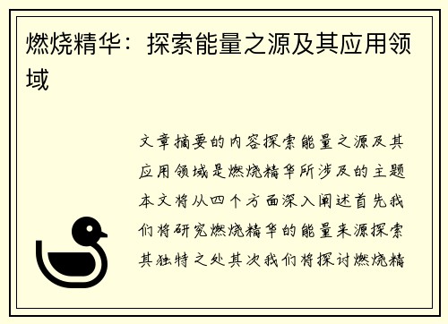 燃烧精华：探索能量之源及其应用领域